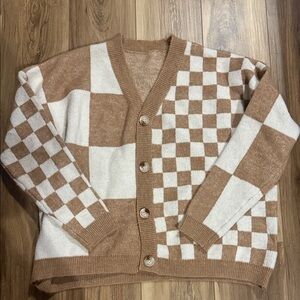 Checkered Brown and White Womens Sweater - oversized